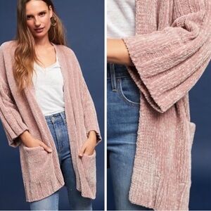 Anthropologie MOTH Chenille Open Front 3/4 Soft Double Pocket Sweater Cardigan